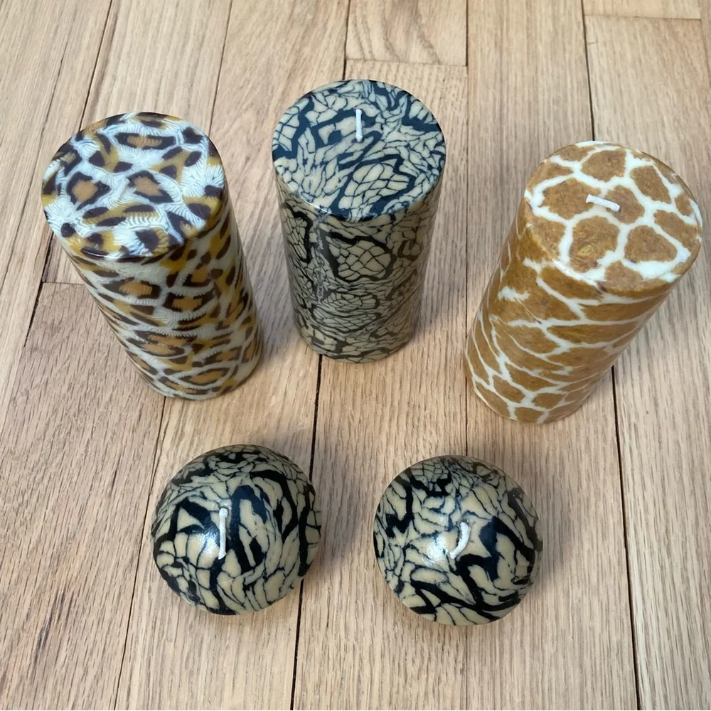 Unscented Animal Print Candles (5) 3 Pillars and 2 mini domes